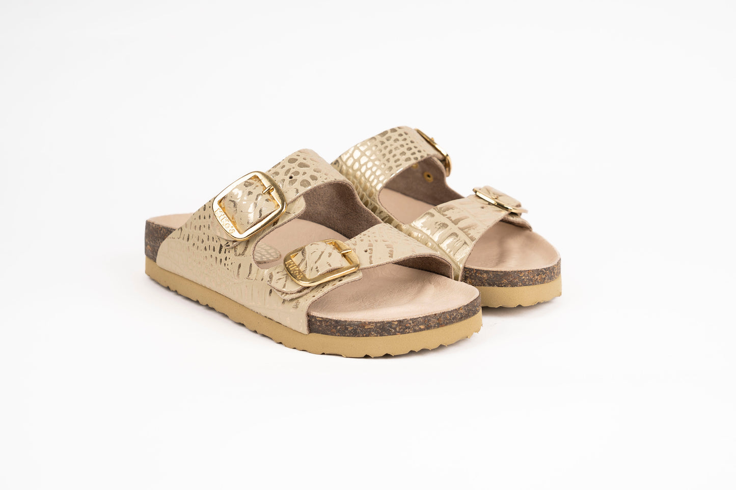 Clover: Sandalia Kiko's dos hebillas croco oro